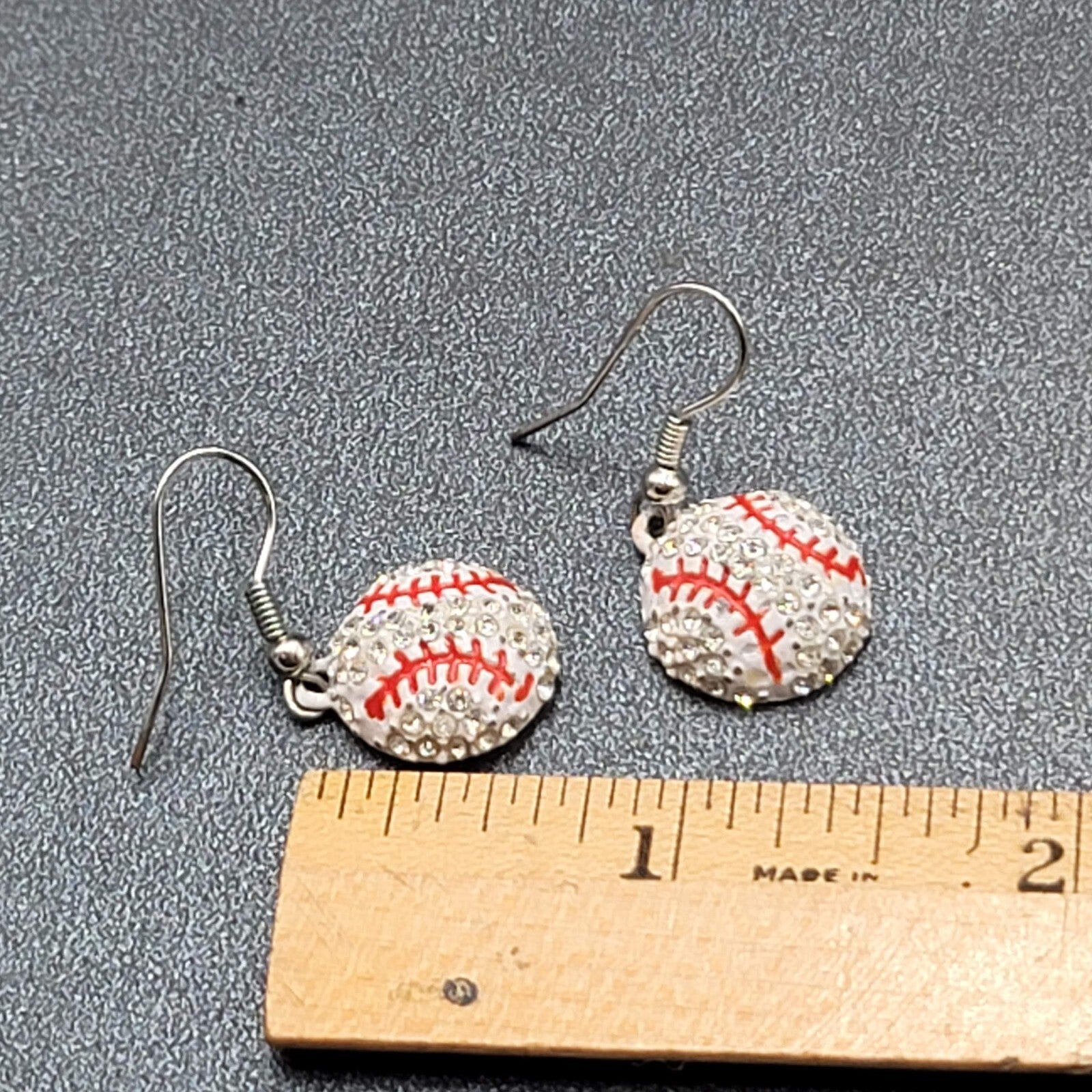 Baseball Pierced Earrings Rhinestone Enamel Dangle 3/4"