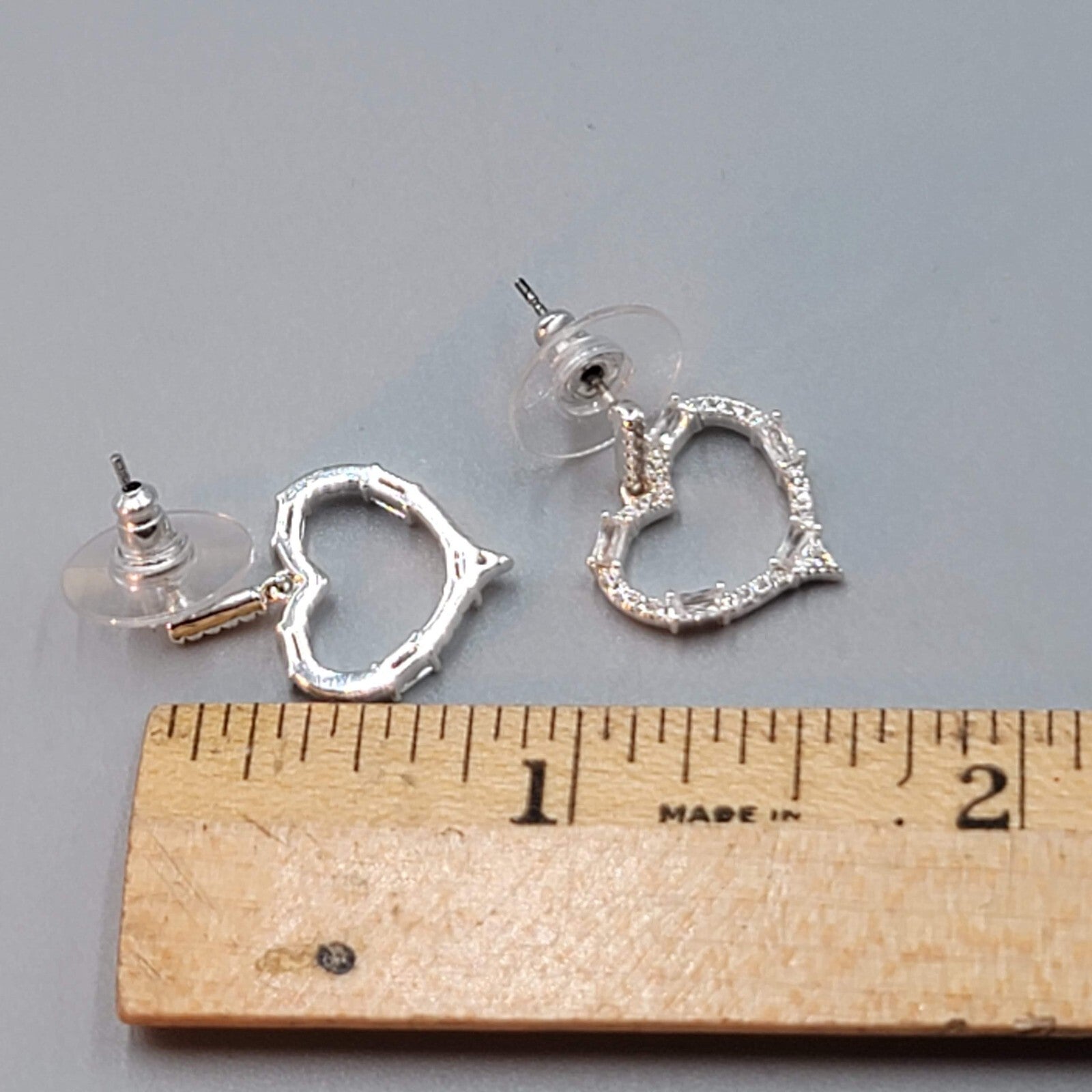 Heart Pierced Earrings Crystal Open Work Dangle Silver Plated 7/8"