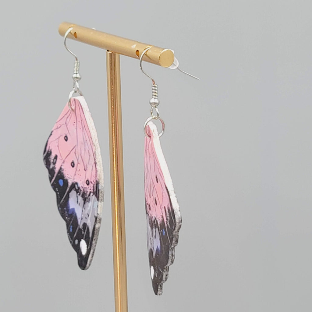 Butterfly Wing Pierced Earrings Pink Purple Statement Dangle 2.25"