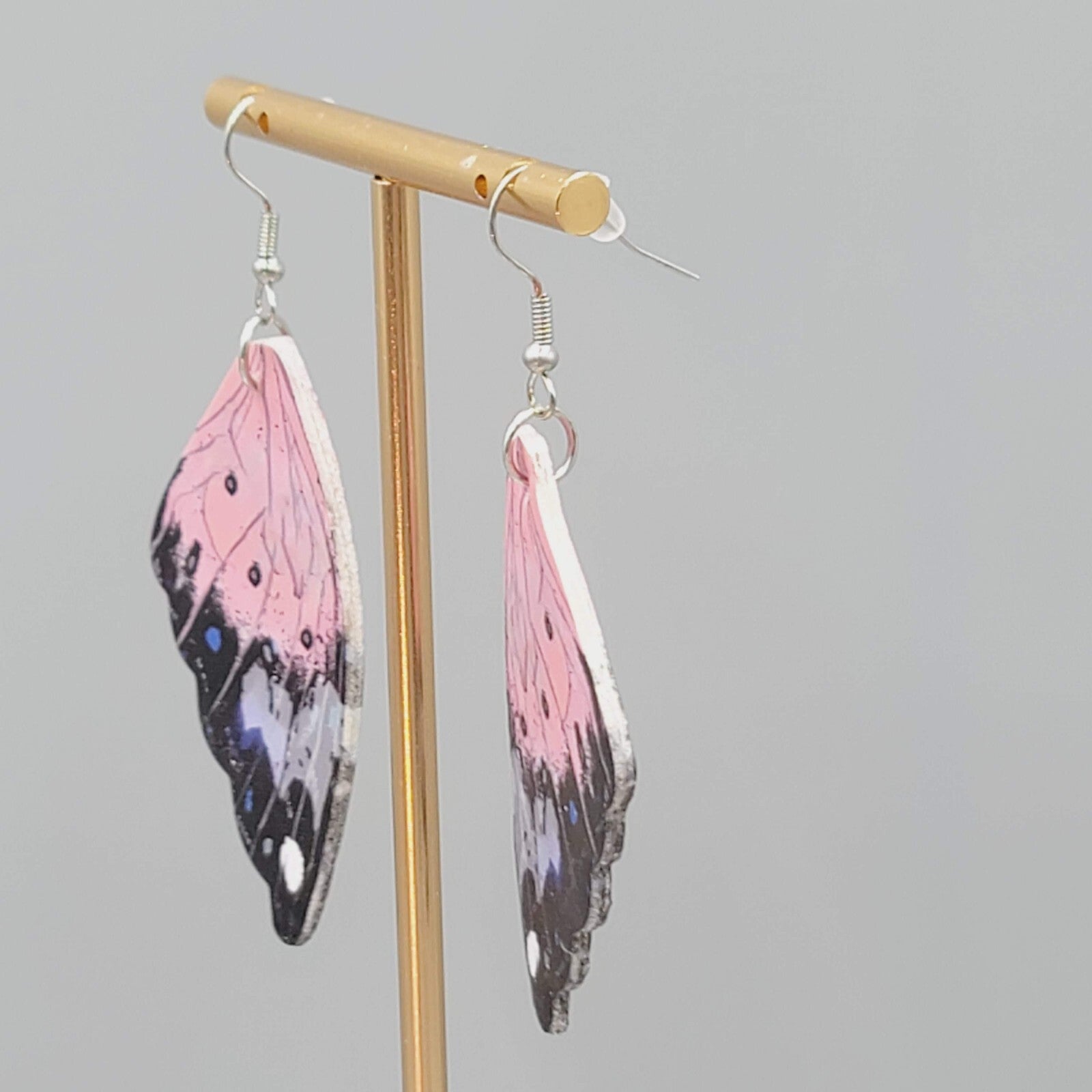 Butterfly Wing Pierced Earrings Pink Purple Statement Dangle 2.25"