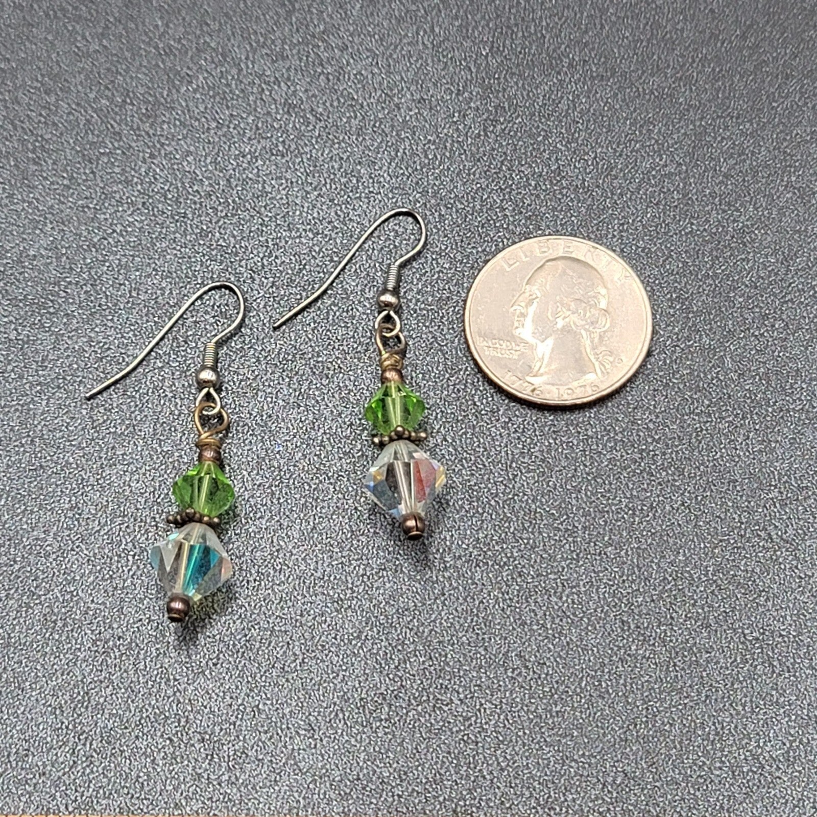 Pierced Earrings Silver toneGreen AB Bicone Christal Beads Dangle  1 1/8"