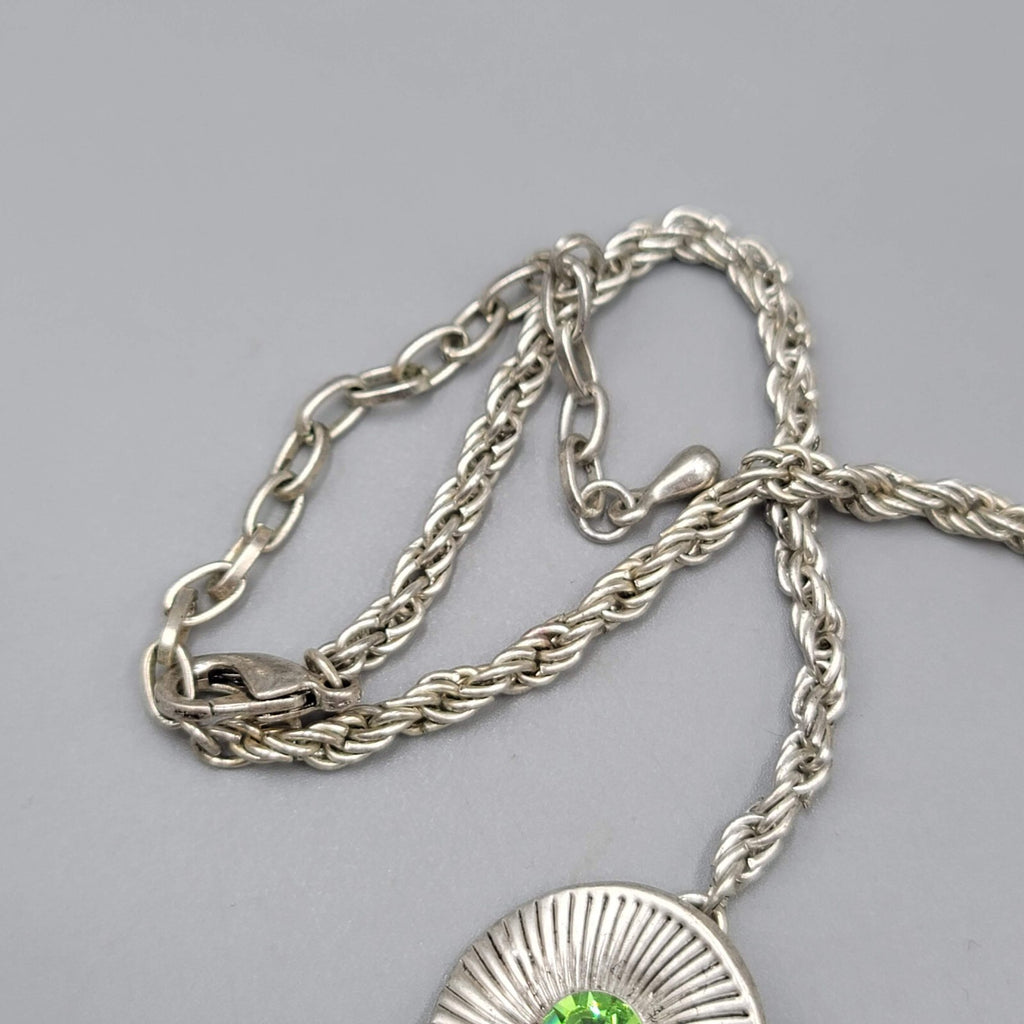 Green Rhinestone Necklace Silver tone Statement Adj 16"-19"