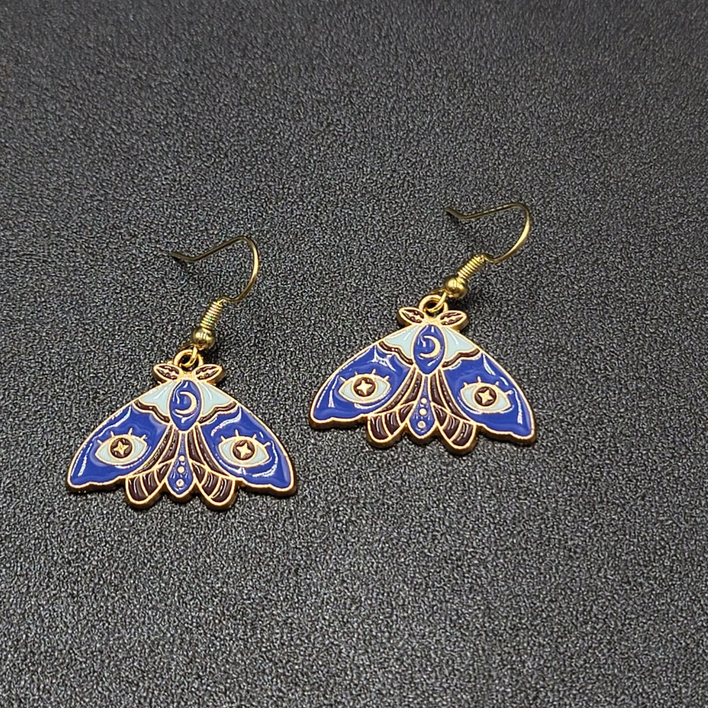 Evil Eye Moth Pierced Earrings Gold tone Blue Enamel Dangle 3/4"