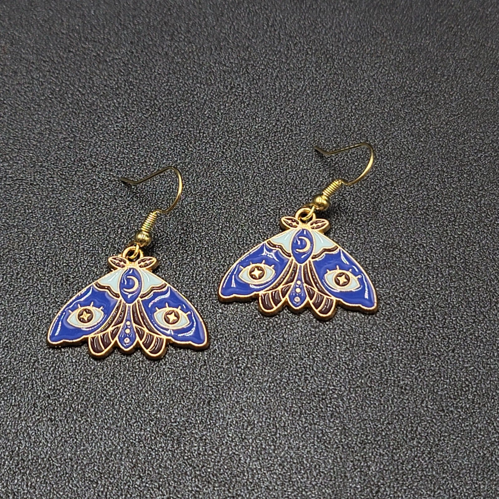 Evil Eye Moth Pierced Earrings Gold tone Blue Enamel Dangle 3/4"