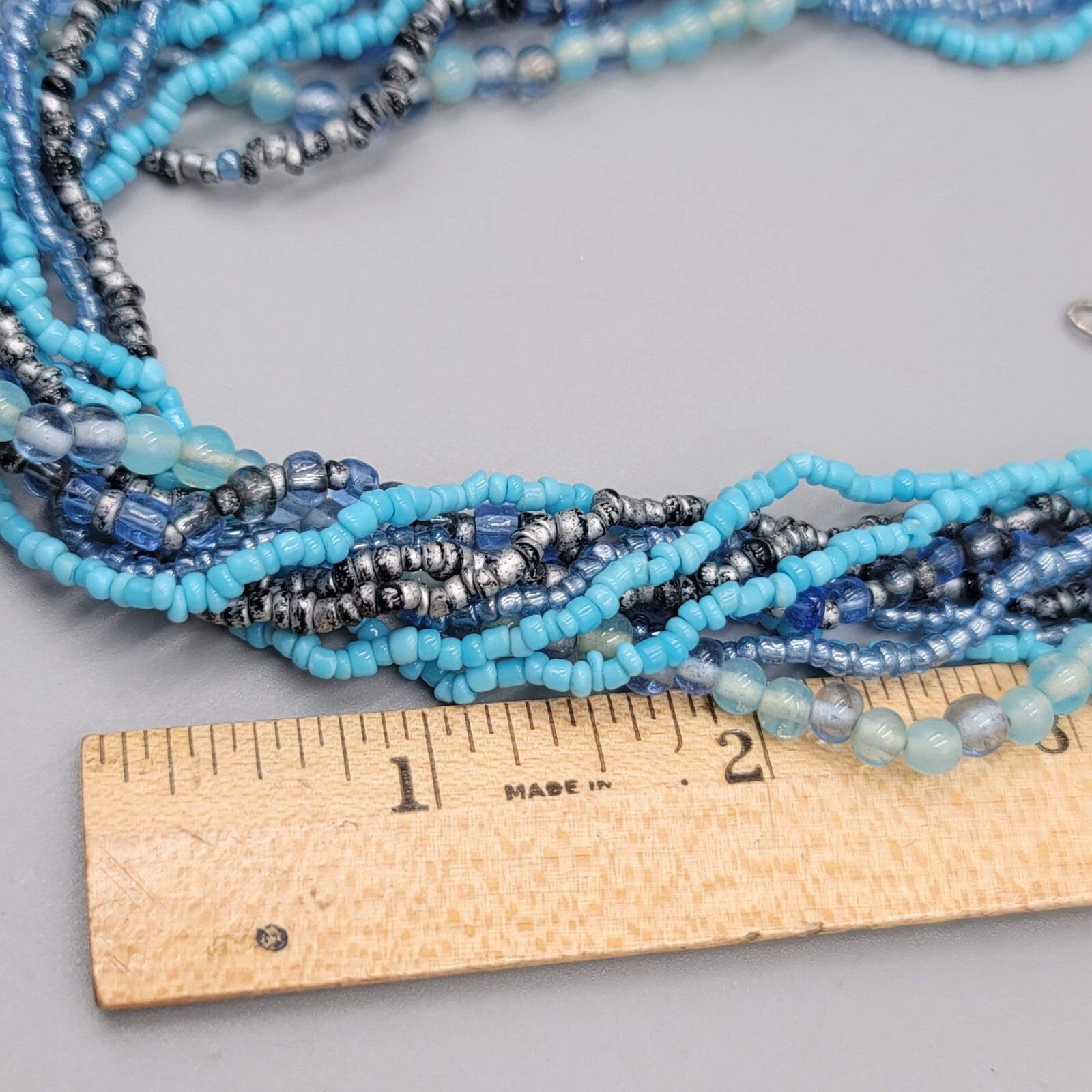 Multi Strand Blue Bead Twist Necklace Layered Silver tone 14"-17"