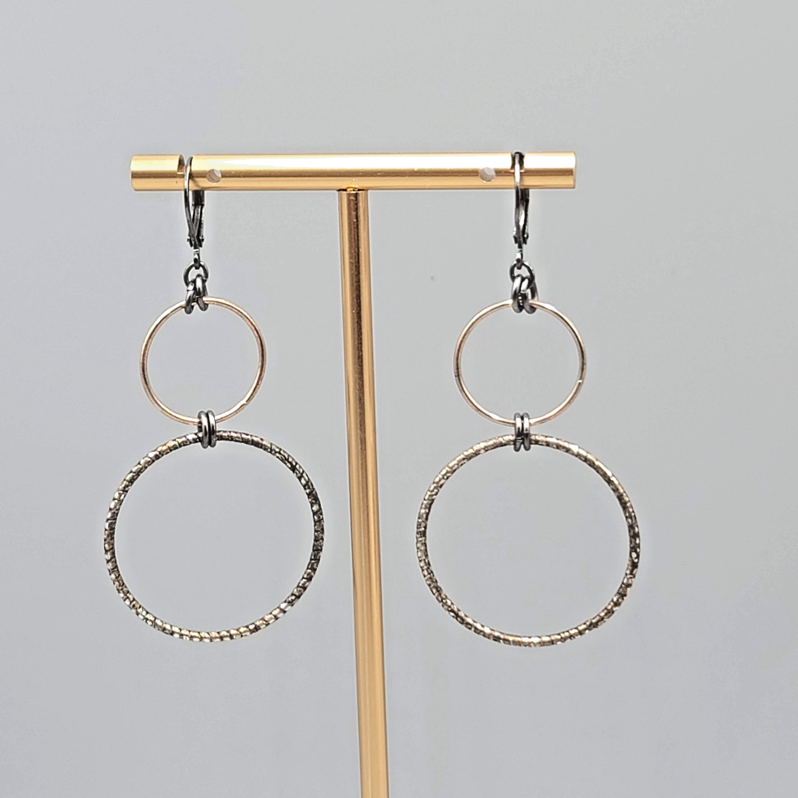 Pierced Earrings Black Gold tone Double Ring Dangle 2 in