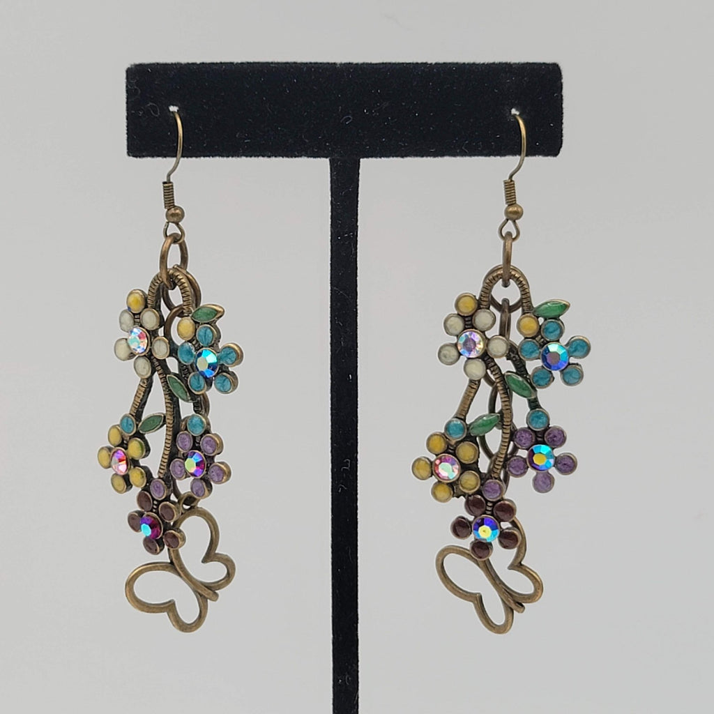 Multicolor Crystal Flowers Butterfly Pierced Earrings Bronze tone Dangle 2 in