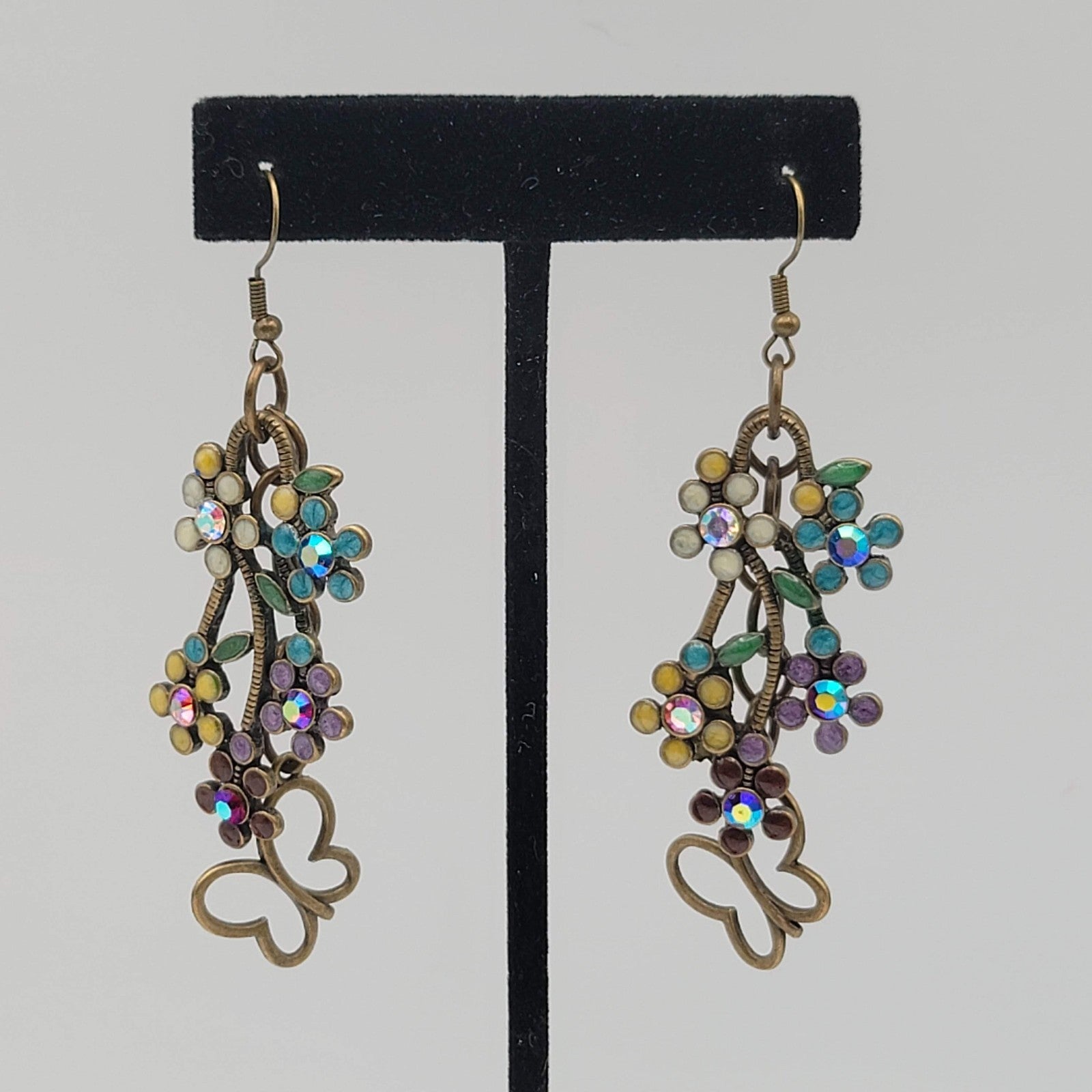 Multicolor Crystal Flowers Butterfly Pierced Earrings Bronze tone Dangle 2 in