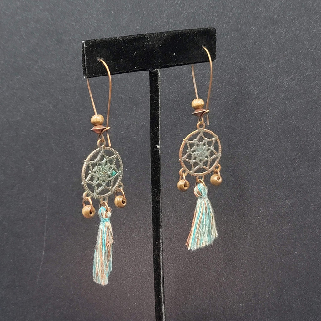 New Boho Pierced Earrings Copper tone Dreamcatcher Wood Bead Blue Tassel 2"