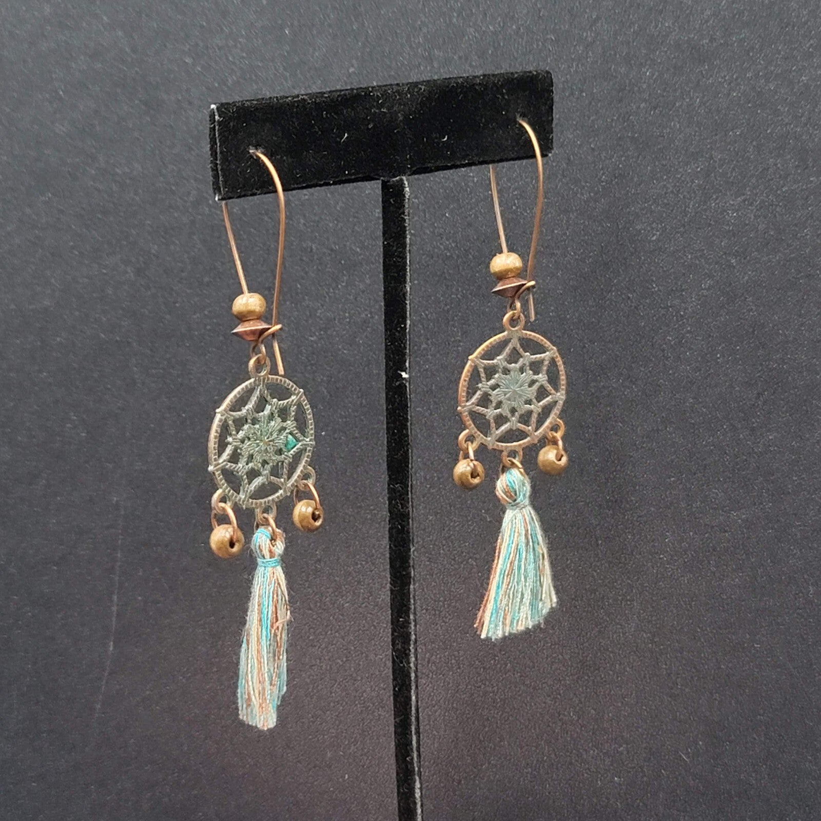 New Boho Pierced Earrings Copper tone Dreamcatcher Wood Bead Blue Tassel 2"