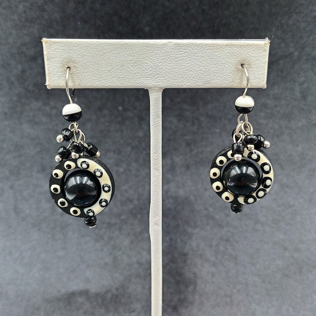 Pierced Earrings Black White Acrylic Captive Bead Statement Dangle 1 1/2"