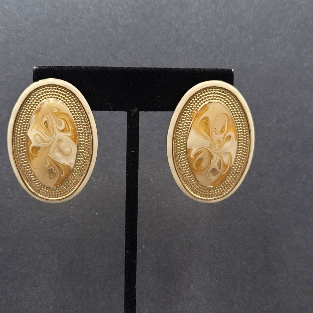 Vintage Pierced Earrings Gold tone Cream Swirl Enamel Long Oval Statement 1.75"