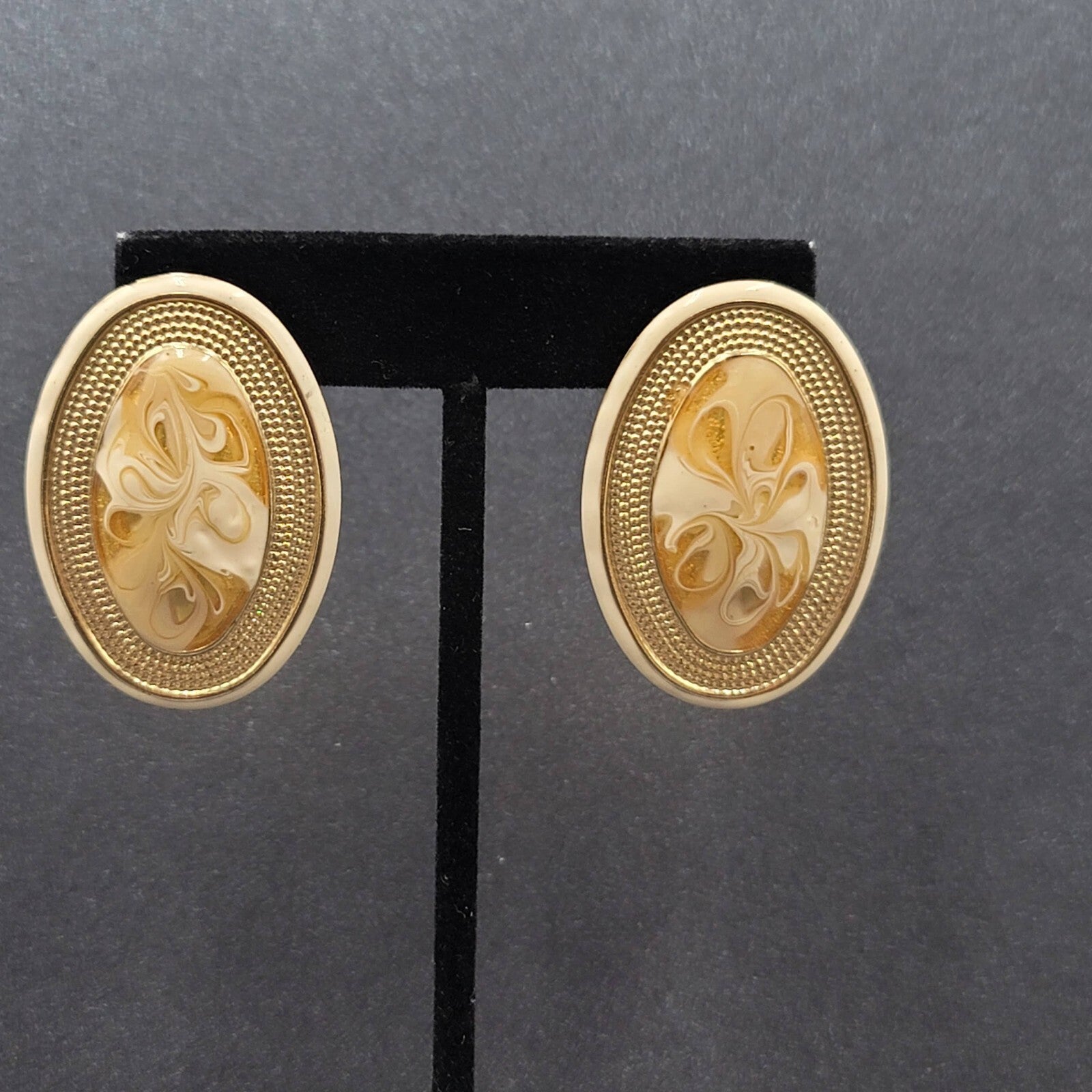 Vintage Pierced Earrings Gold tone Cream Swirl Enamel Long Oval Statement 1.75"