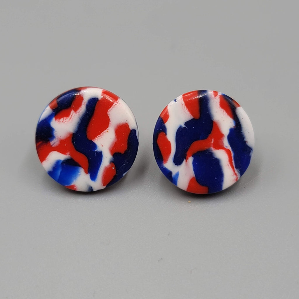 Vintage Pierced Earrings Red White Blue Confetti Round 5/8"