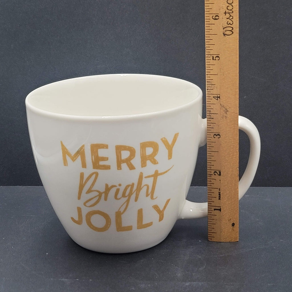 STARBUCKS Merry Bright Jolly Christmas White Gold 2016 Large Coffee Mug 20oz