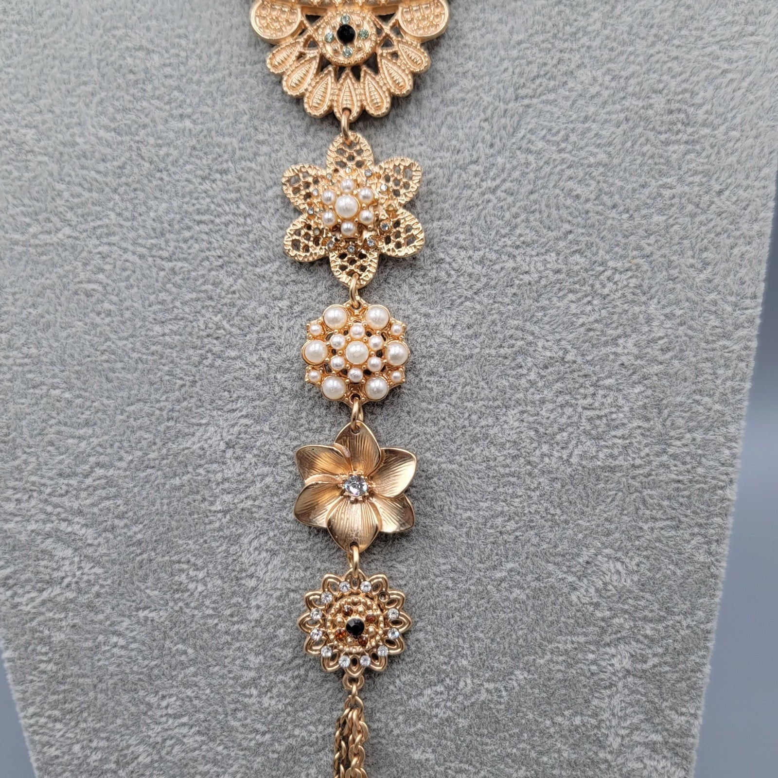 Flower Statement Bin Long Y Drop Necklace Crystal Rhinestone Gold tone LONG