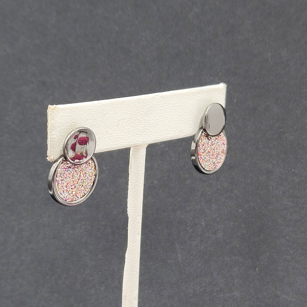 Pierced Earrings Black Metal Pink Glitter Drop Circles 3/4"