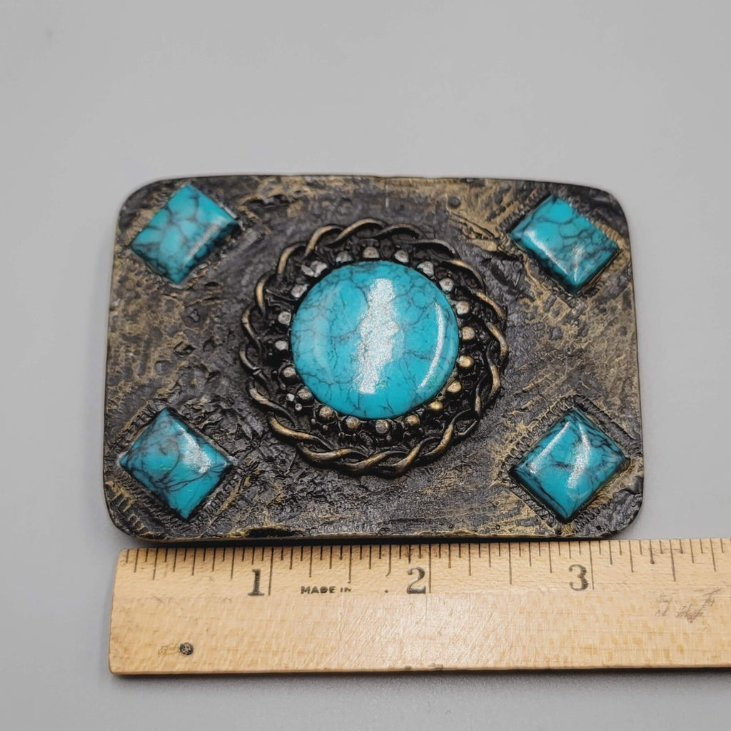 Vintage Belt Buckle Brass Blue Acrylic Accents 3 1/4" x 2 3/8"
