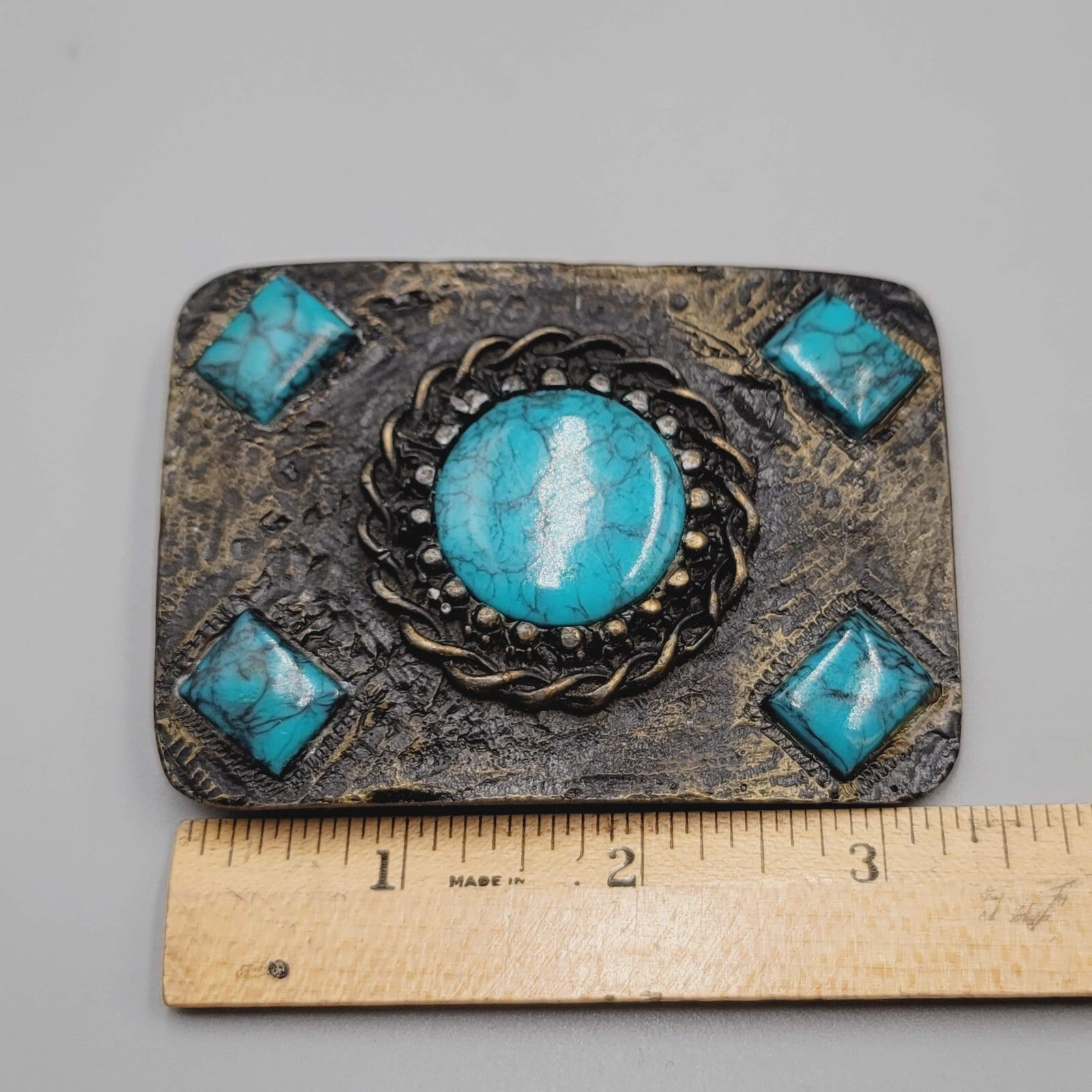 Vintage Belt Buckle Brass Blue Acrylic Accents 3 1/4" x 2 3/8"