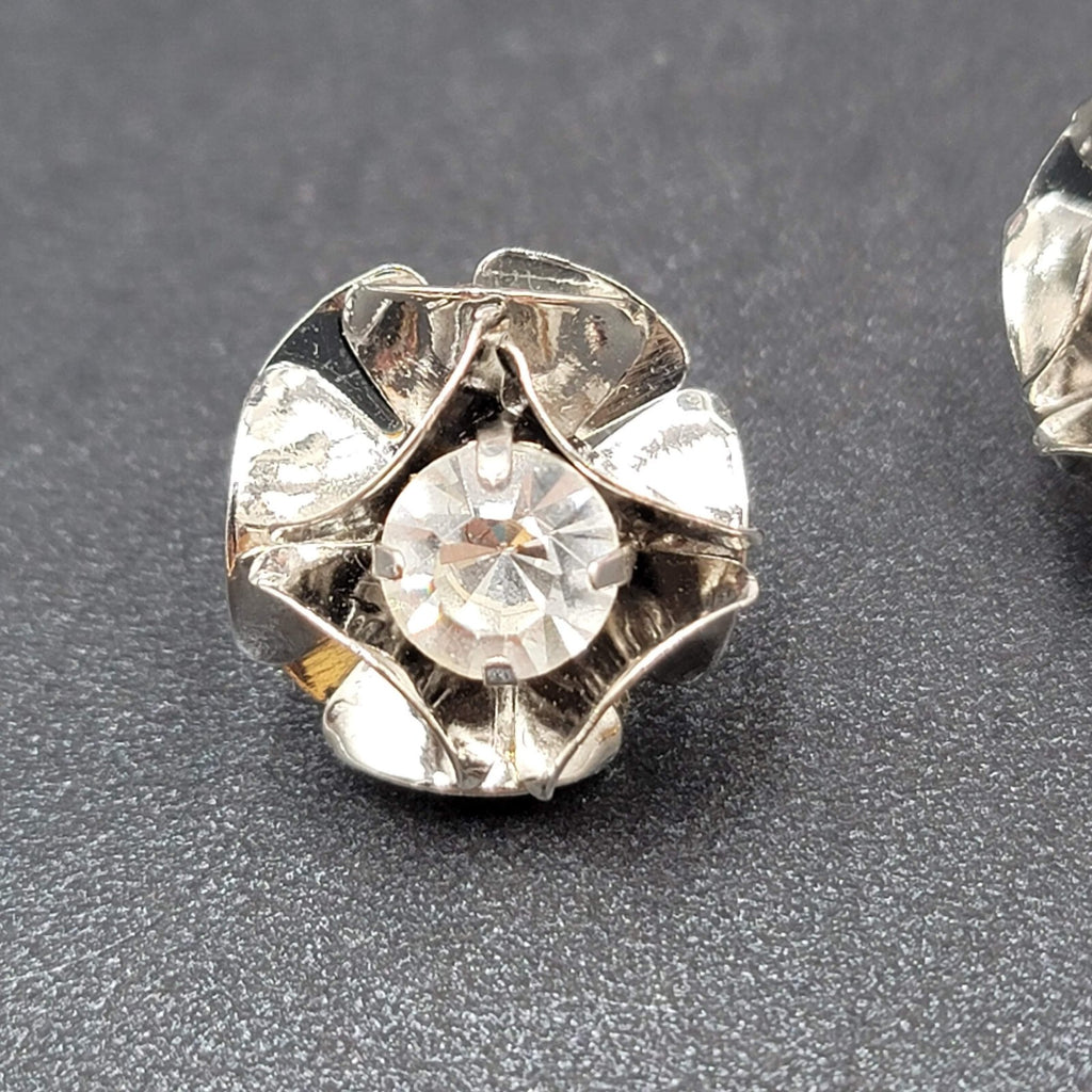 Pierced Earrings Silver tone Rhinestones Flower 3D Studs  3/4"