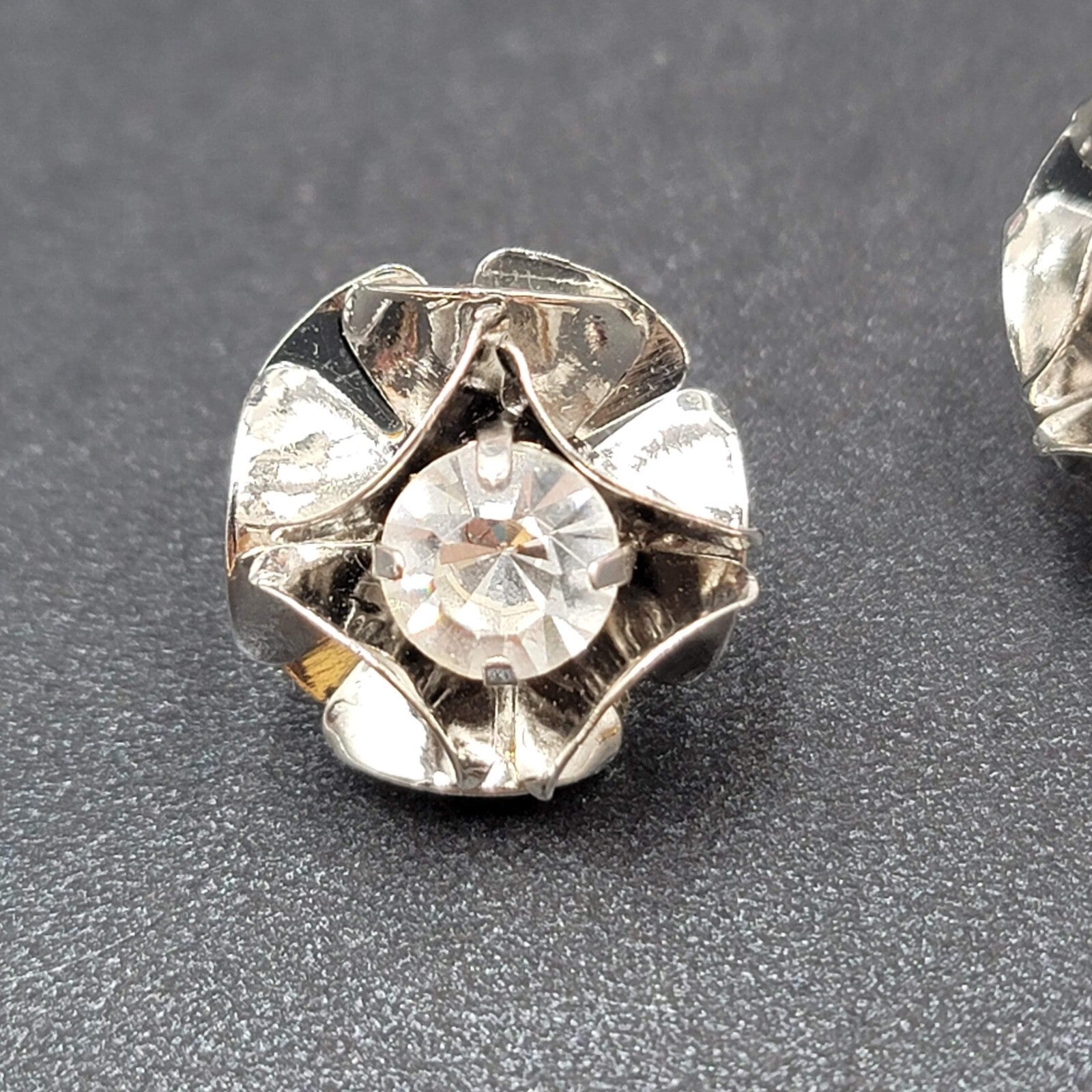 Pierced Earrings Silver tone Rhinestones Flower 3D Studs  3/4"