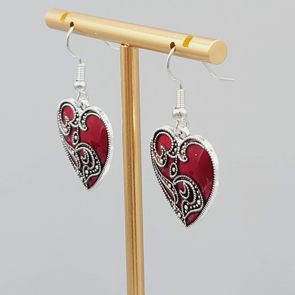 Satin Enamel Heart Pierced Earrings Black Swirl Accent Silver tone Dangle 1"
