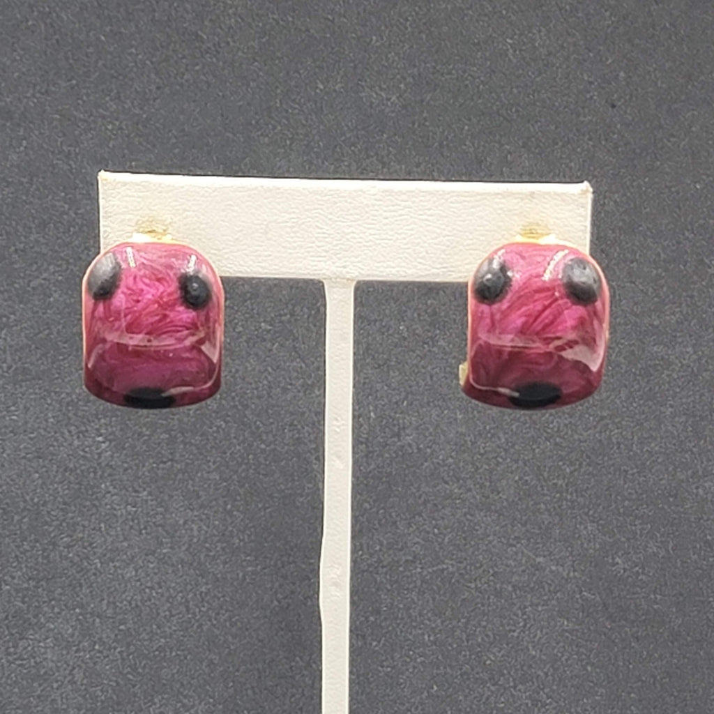 Vintage Pierced Earrings Polka Dot Purple Enamel Wide Hoops Dangle 1.25"