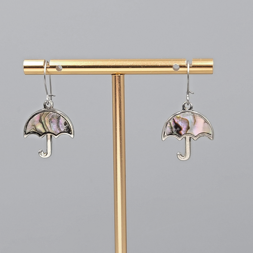 Vintage Umbrella Abalone Inlay Pierced Earrings Silver tone Dangle 3/4"