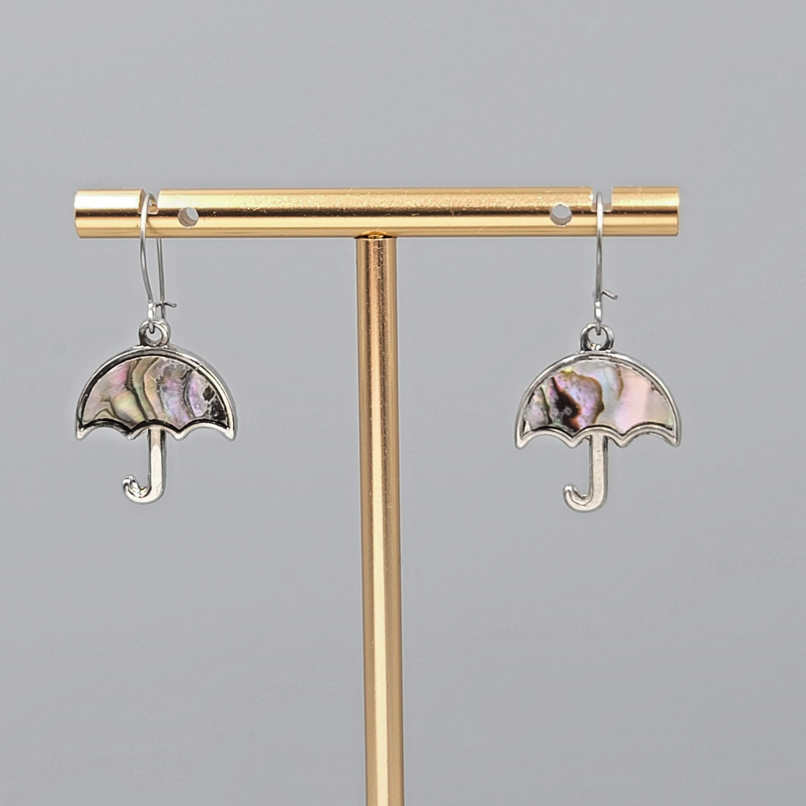 Vintage Umbrella Abalone Inlay Pierced Earrings Silver tone Dangle 3/4"