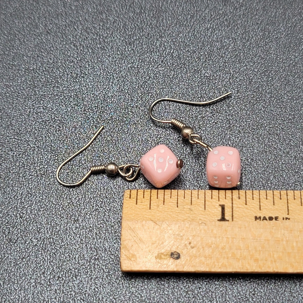 Pierced Earrings Silver tone Pink White Dice Dangle Small 3/8"
