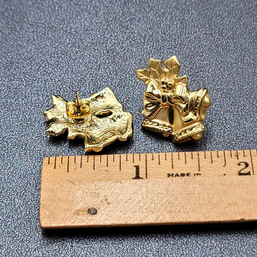 Christmas Bells Pierced Earrings Gold tone Holly Drop 7/8"