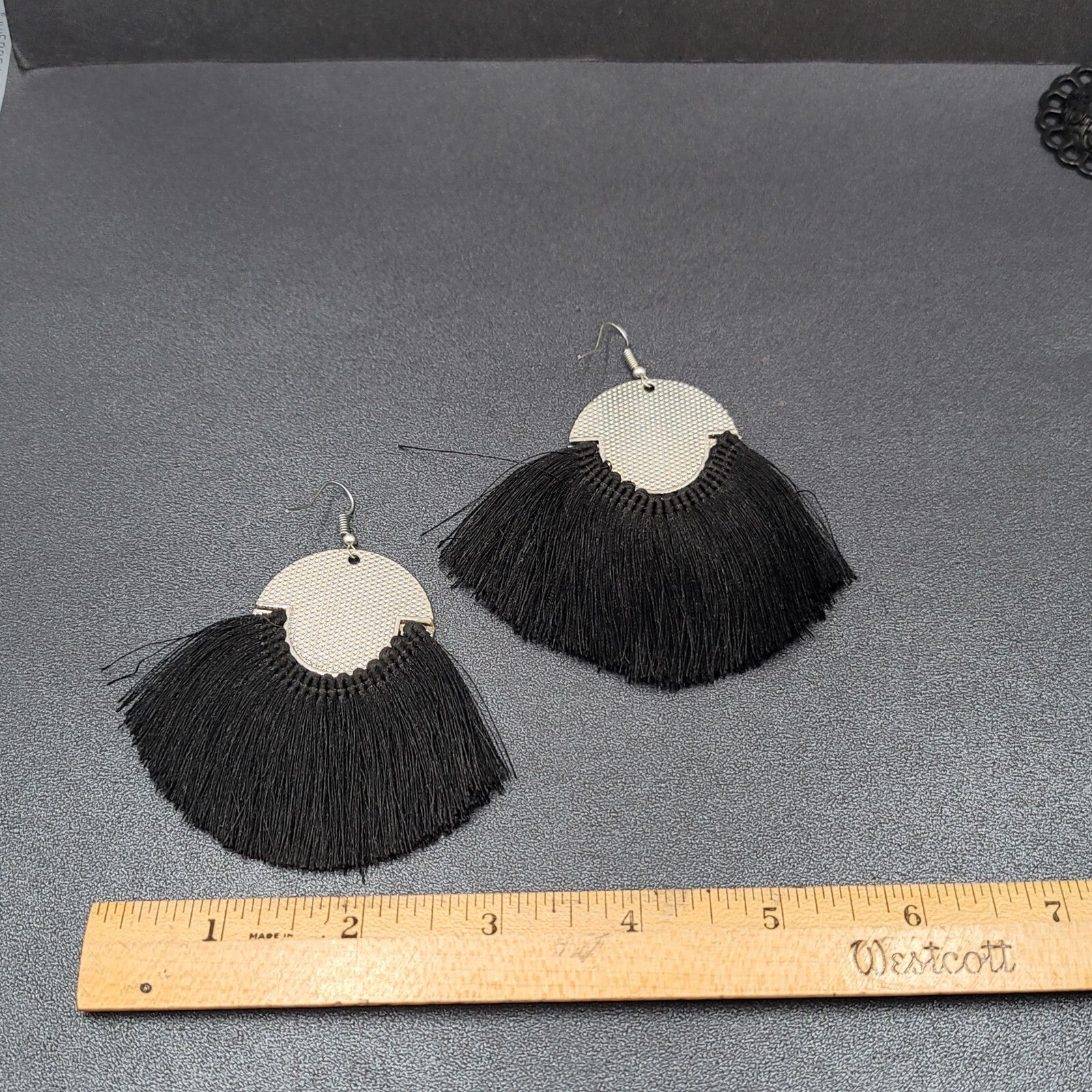 Pierced Earrings Silver tone Black Tassel Statement Dangle 2.5"