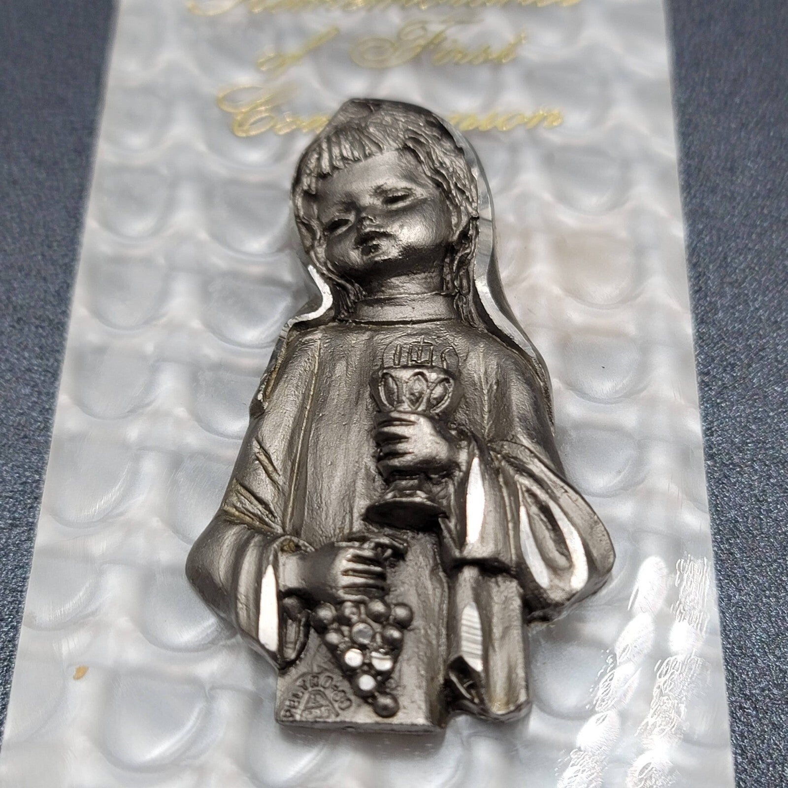 Vintage Pewter Girls First Communion Pewter Italy White Stand 4 1/4" x 2 1/8"