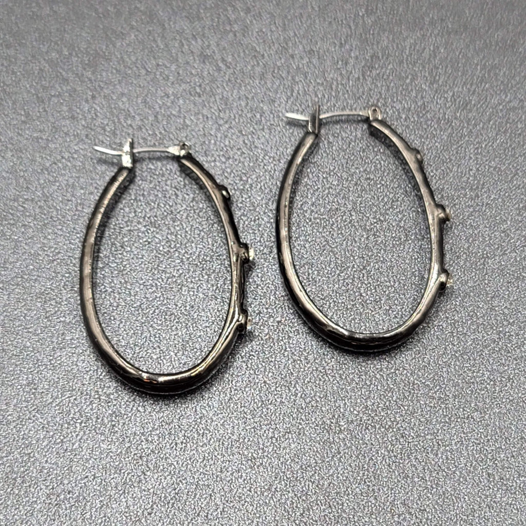 Pierced Earrings Black Metal Crystal Rhinestone Studded Oval Hoops 1 5/8"
