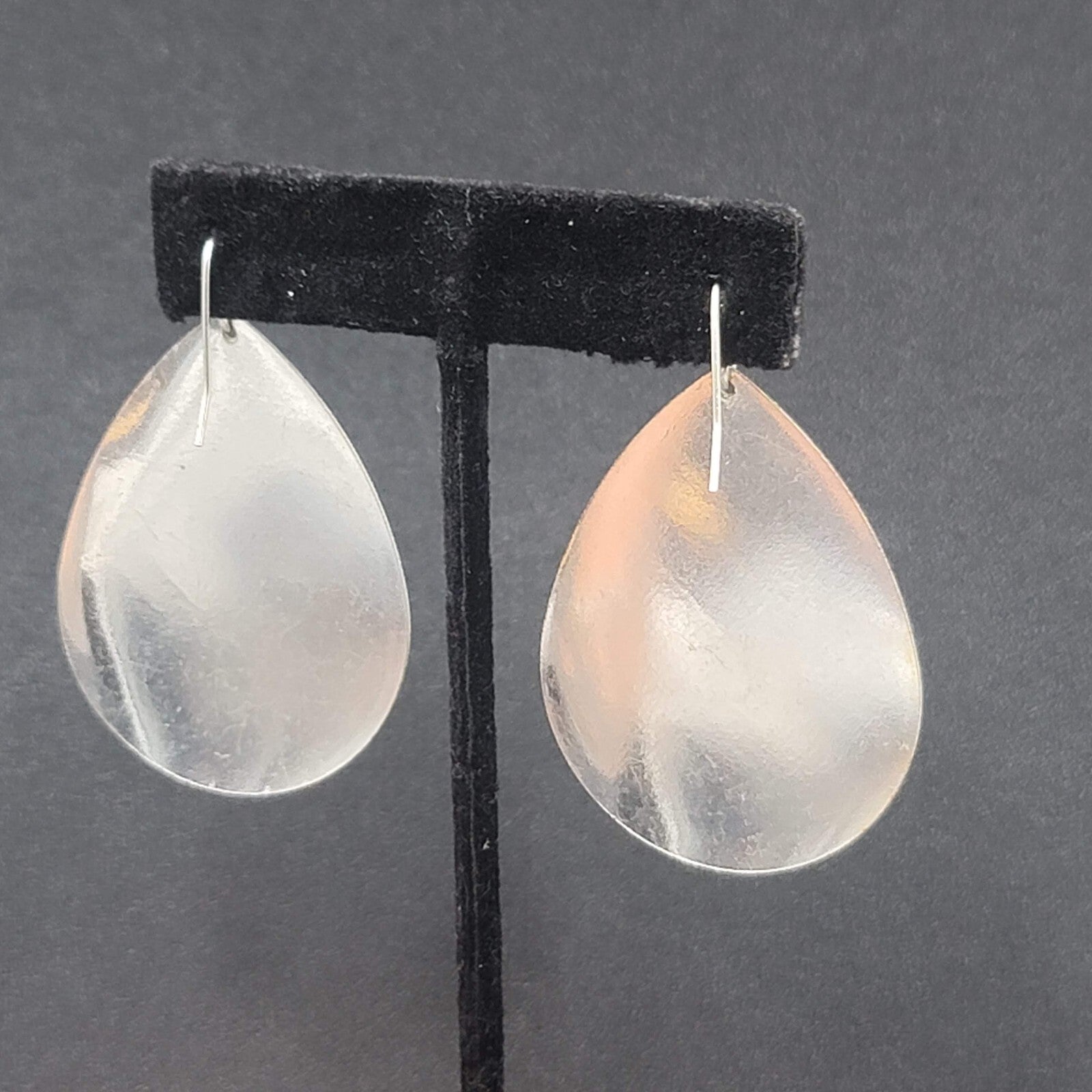 Pierced Earrings Silver tone Textured Butterfly  Teardrop Dangle 2"