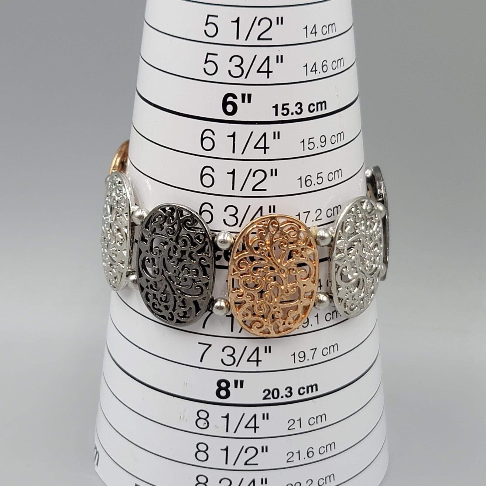 Tricolor Elastic Panel Bracelet Silver tone Gold tone Black Metal 7"