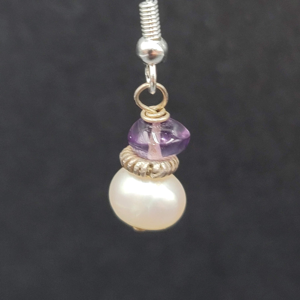 Sterling Silver Pierced Earrings Pearl Amethyst Bead Dangle 5/8"
