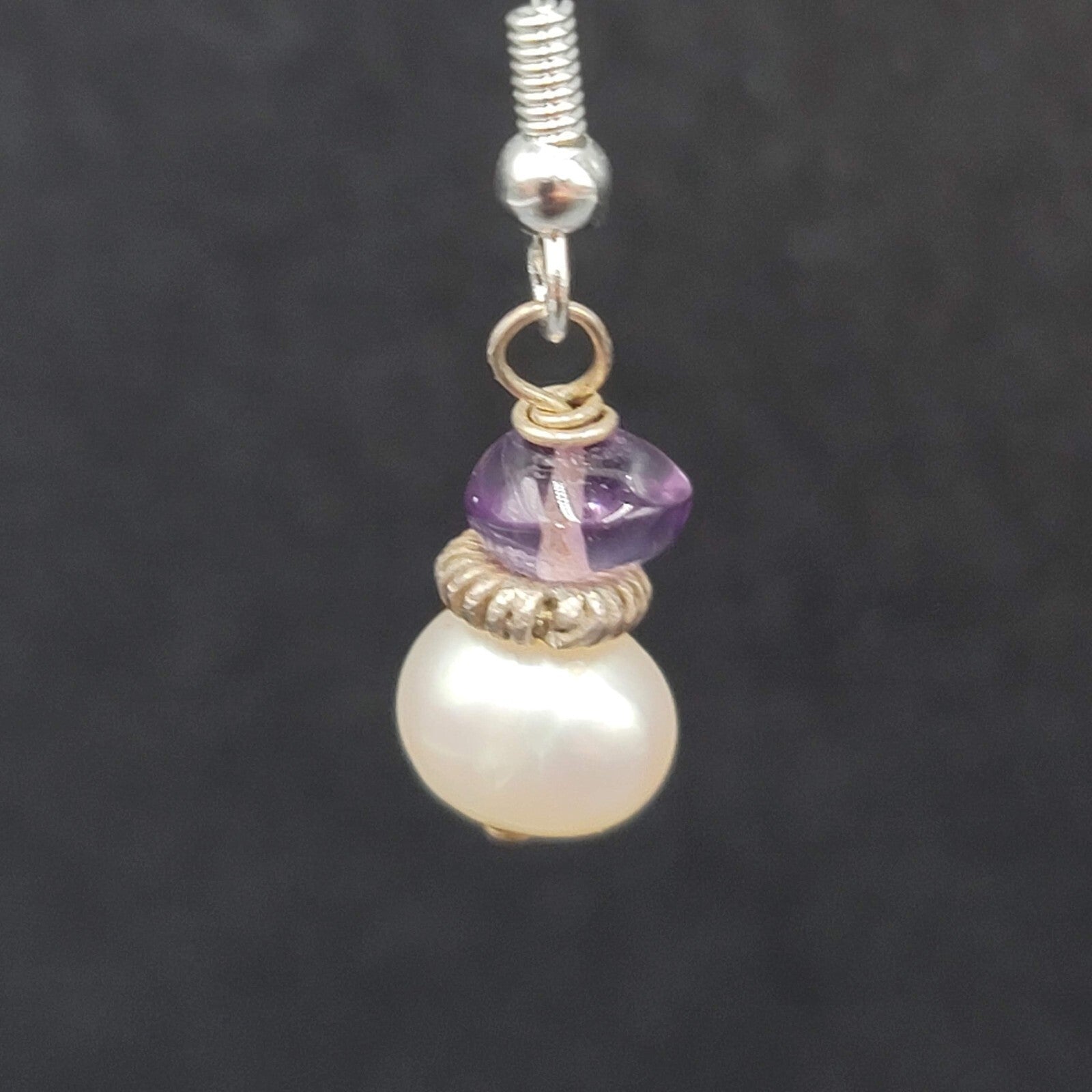 Sterling Silver Pierced Earrings Pearl Amethyst Bead Dangle 5/8"