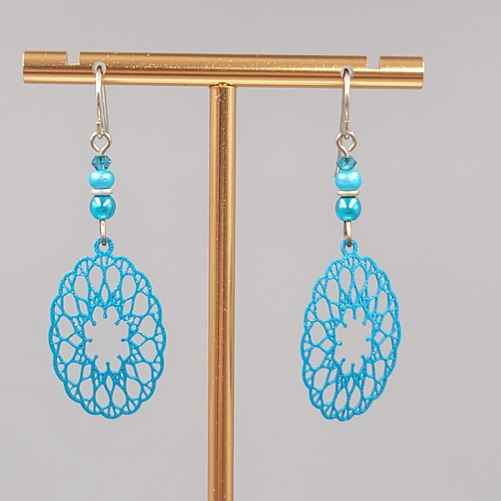 Blue Laser Cut Metal Open Work Pierced Earrings Bead Silver tone Dangle 1.75"