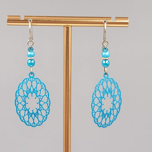 Blue Laser Cut Metal Open Work Pierced Earrings Bead Silver tone Dangle 1.75"