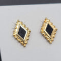 Vintage Pierced Earrings Gold tone Diamond Shape Black Onyx Studs 5/8"