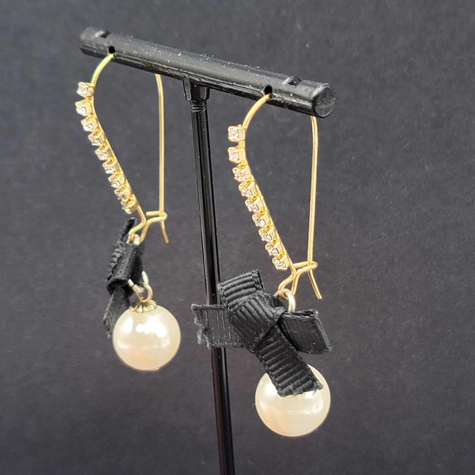 Pierced Earrings Gold tone Rhinestone Faux Pearl Black Grosgrain Ribbon Bow 2"
