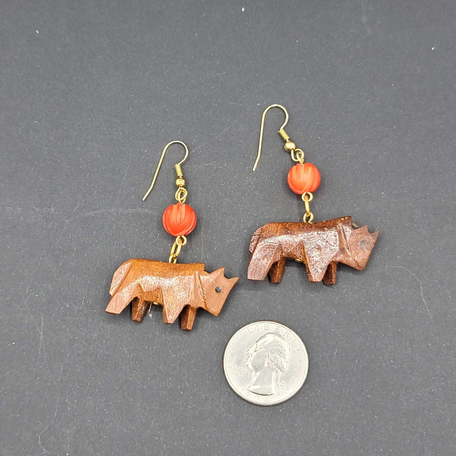 Hand Carved Wooden Animal Dangle Earrings Orange Bead 1.5"