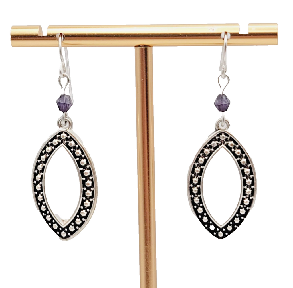 Oxidized Open Work Pierced Earrings Silver tone Dangle Purple Bead 1 1/8 in