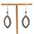 Oxidized Open Work Pierced Earrings Silver tone Dangle Purple Bead 1 1/8 in