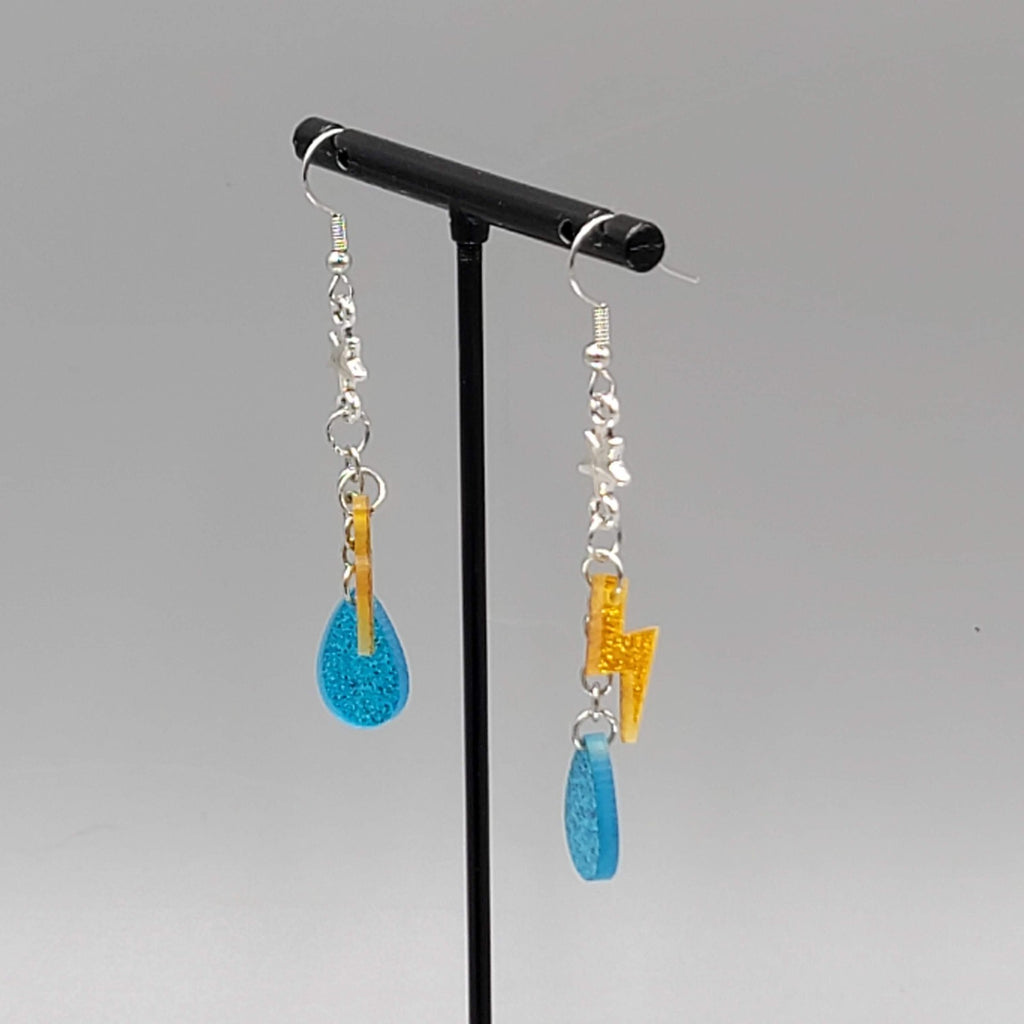 Rain Lighting Dangle Pierced Earrings Silver tone 1.75"