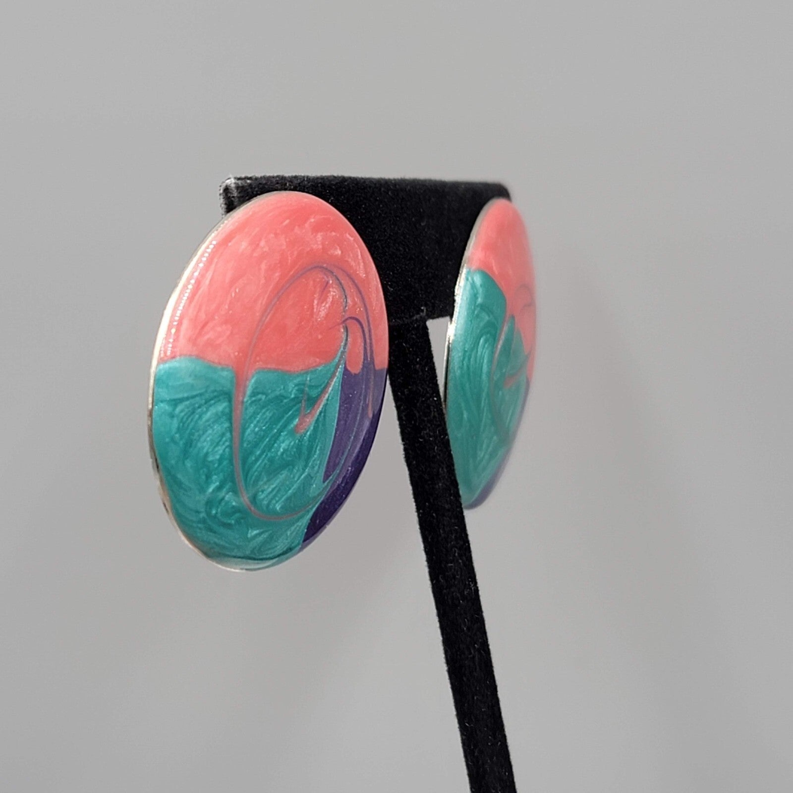 Vintage Round Enamel Pierced Earrings Pink Purple Teal Drop 1.25"