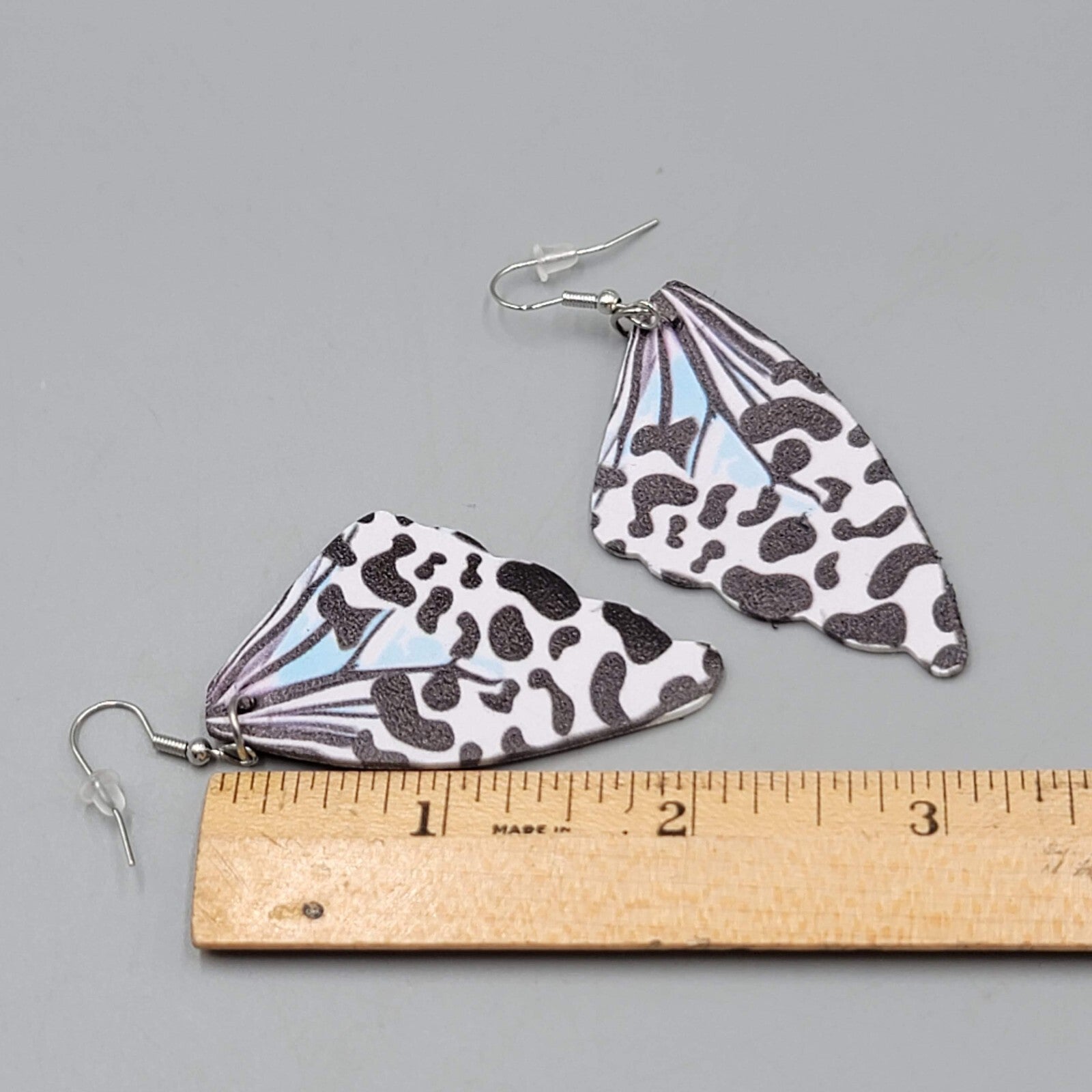 Butterfly Wing Pierced Earrings Black White  Statement Dangle 2.25"
