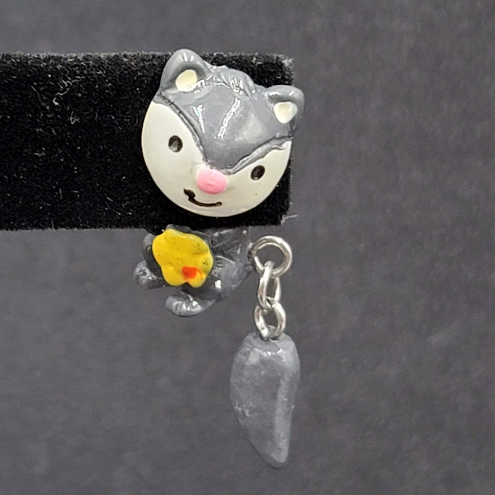 Vintage Pierced Earrings Gray Hand Painted 3D Skunk Dangle 1.25"