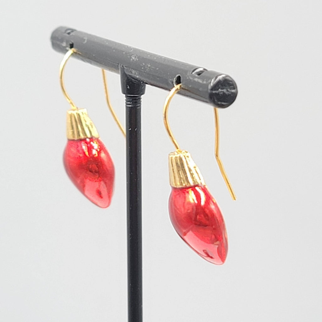 Christmas Bulb Pierced Earrings Gold Plated Red Enamel 3/4"